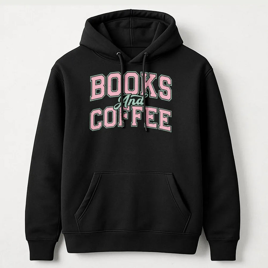 Books and Coffee Hoodie | Retro College Font Graphic | Cozy Cotton Blend | Gift for Book Lover, Reading Crewneck for Her