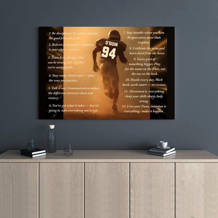 Football Motivational Canvas Wall Art | 12 Rules of Success Athlete Quote Print | Premium Gallery Wrap Decor | Gift for Football Player & Coach