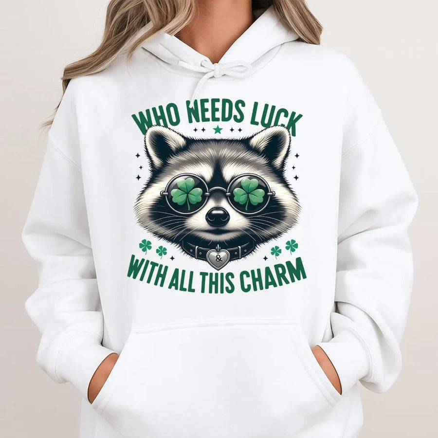 Raccoon St. Patrick's Day Hoodie | Funny Shamrock Sunglasses Design | Premium Cotton Blend | Lucky Irish Gift for Animal Lovers