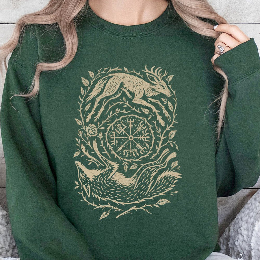 Norse Vegvisir Sweatshirt | Wolf and Stag Linocut Forest Design | Premium Unisex Pullover | Viking Folk Art Gift for Mythology Lovers