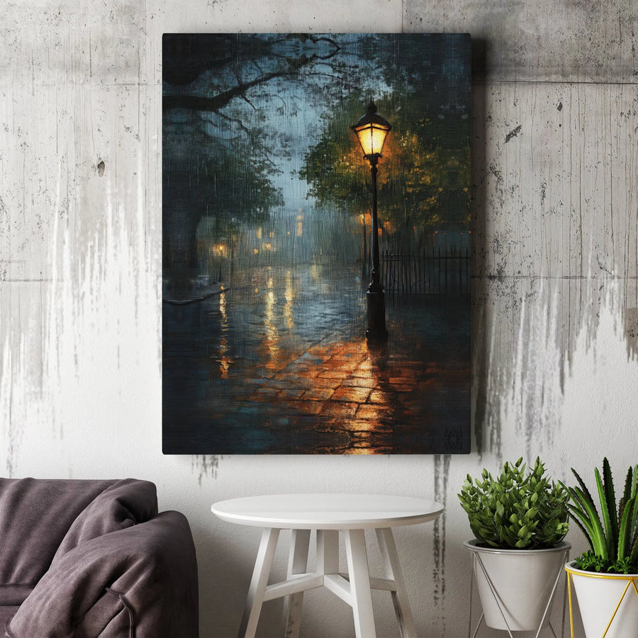 Rainy Night Street Canvas Print | Impressionist Gas Lamp Painting with Reflections | Premium 1.25" Thick Gallery Wrapped Wall Art | Moody Living Room Decor Gift