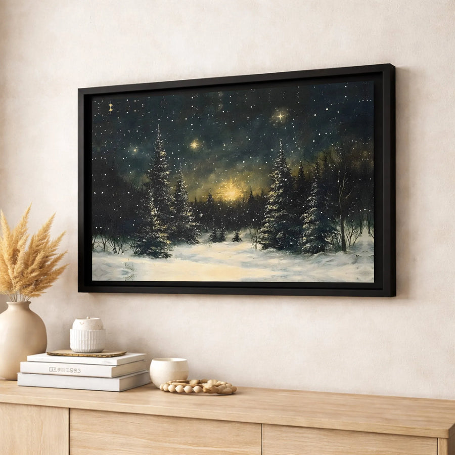 Winter Forest Canvas Wall Art | Snowy Night Pine Trees Landscape | Premium Fade-Resistant Gallery Wrap | Seasonal Christmas Home Decor Gift