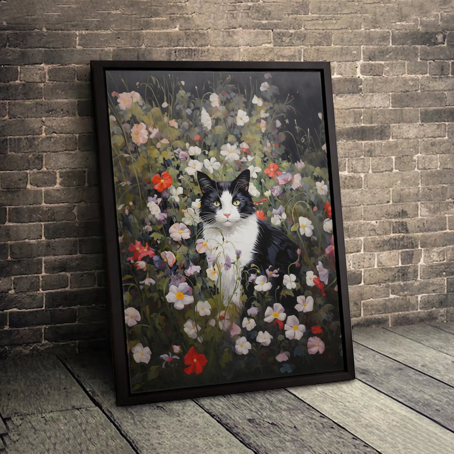 Tuxedo Cat Wall Art | Floral Garden Oil Painting Style | Premium 1.25-Inch Canvas Print | Artistic Home Decor Gift for Cat Lovers