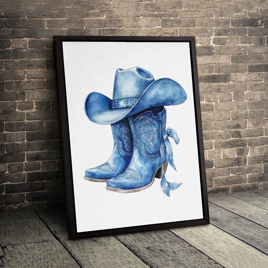 Blue Cowboy Boots Canvas Art | Watercolor Western Hat Wall Decor | Premium 1.25-Inch Gallery Wrap | Southwestern Home Office Gift