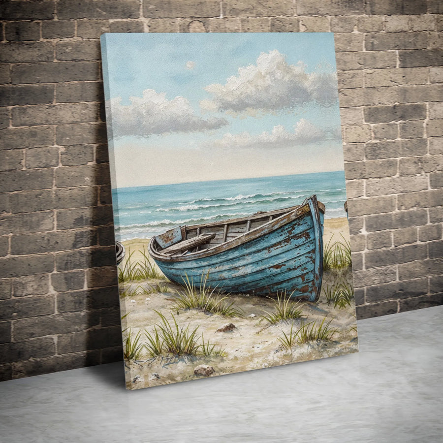 Coastal Blue Boat Wall Art | Vintage Beach Seascape Painting | Premium Gallery Wrapped Canvas | Serene Nautical Decor for Living Room