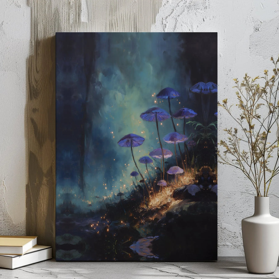 Bioluminescent Mushroom Wall Art | Enchanted Forest Purple Glow Canvas | Premium Gallery Wrapped Decor | Fantasy Nature Lover Gift