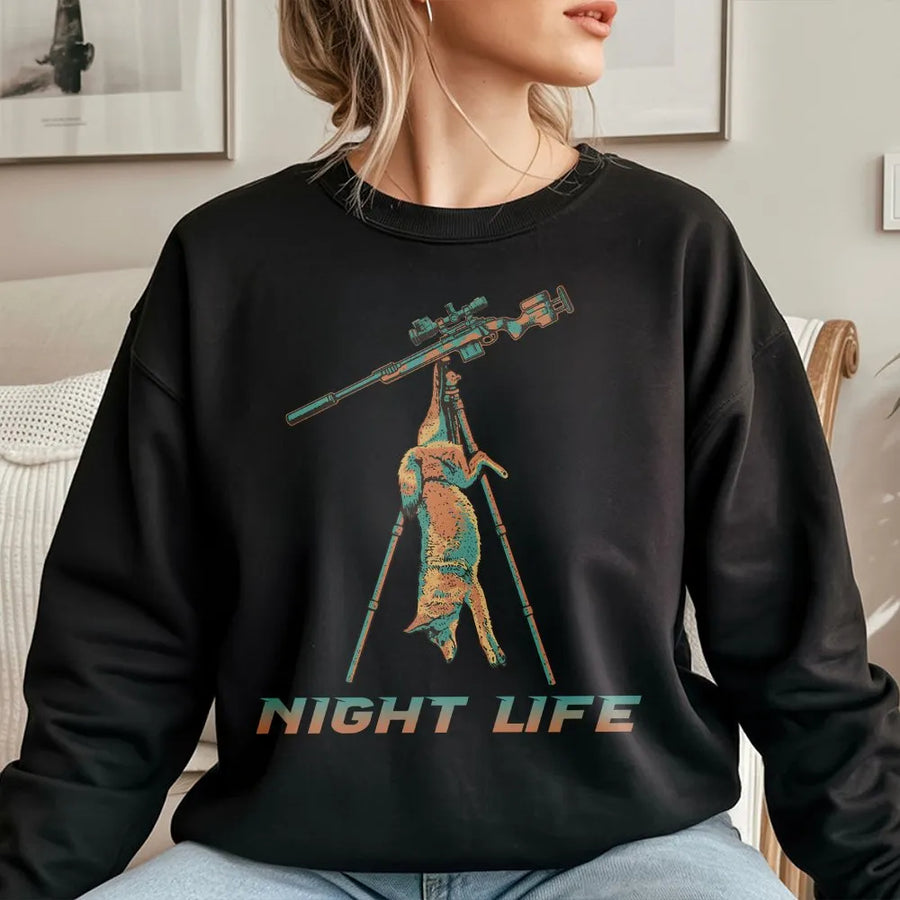 Coyote Hunting Sweatshirt | Night Life Predator Hunter Graphic | Premium Cotton Blend | Gift for Varmint Hunters