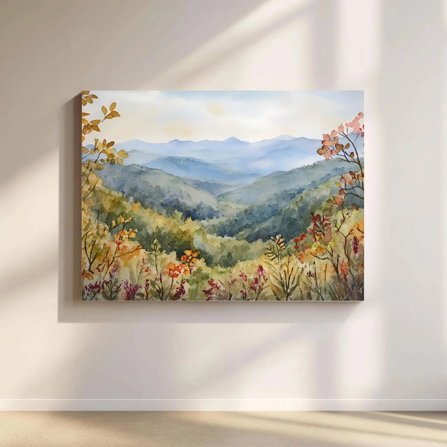 Mountain Landscape Canvas Print | Watercolor Autumn Wildflowers Art | Premium Gallery Wrap Wall Decor | Nature Lovers Gift