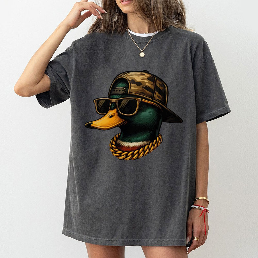 Cool Duck Graphic T-Shirt | Mallard Duck With Camo Hat And Gold Chain | 100% Premium Cotton | Funny Streetwear Gift For Hunters And Bird Lovers