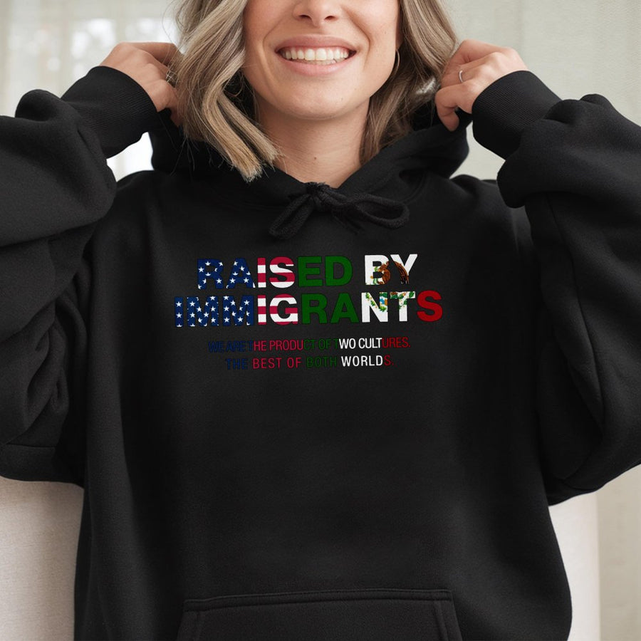 Raised By Immigrants Hoodie | Mexican American Heritage Graphic | Premium Cotton Blend | Empowerment Gift for Latino Pride and Cultural Identity