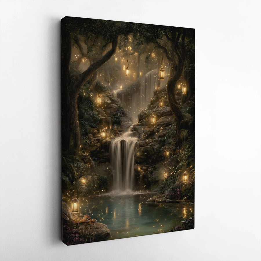 Enchanted Forest Waterfall Canvas | Magical Fairy Lanterns Wall Art | Premium Gallery Wrapped Print | Whimsical Nature Home Decor Gift
