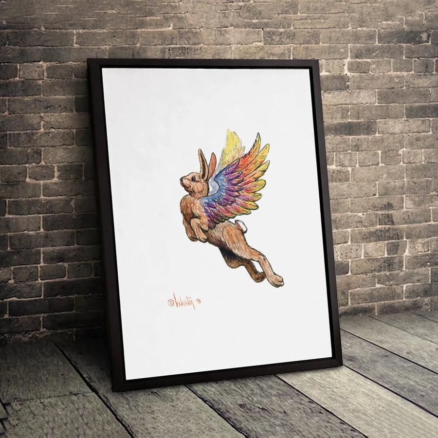Flying Rabbit Wall Art | Whimsical Rainbow Winged Bunny Canvas | Gallery Wrap Premium Print | Nursery Decor & Surreal Animal Home Gift