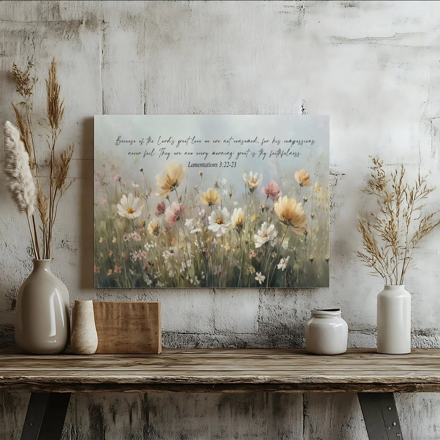 Bible Verse Canvas Print | Lamentations 3:22-23 Scripture Art with Wildflowers | Premium Gallery Wrapped Canvas | Inspirational Christian Home Decor Gift