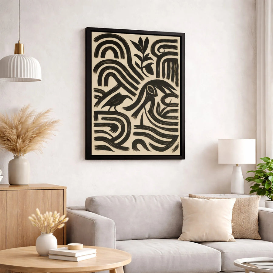 Abstract Bird and Face Wall Art | Minimalist Black and Beige Brushstroke Print | Gallery Quality 1.25 inch Canvas | Modern Home Decor Gift
