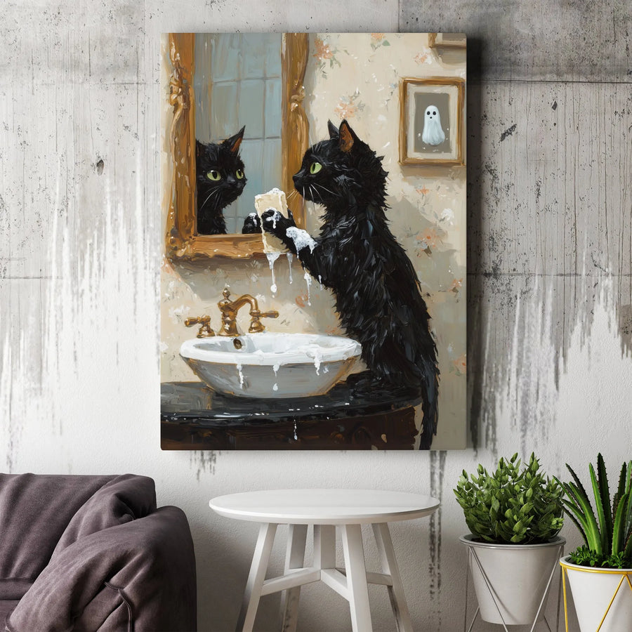 Black Cat Washing Face Canvas Print | Whimsical Bathroom Decor Art | Premium Fade-Resistant Gallery Wrap | Unique Gift for Cat Lovers