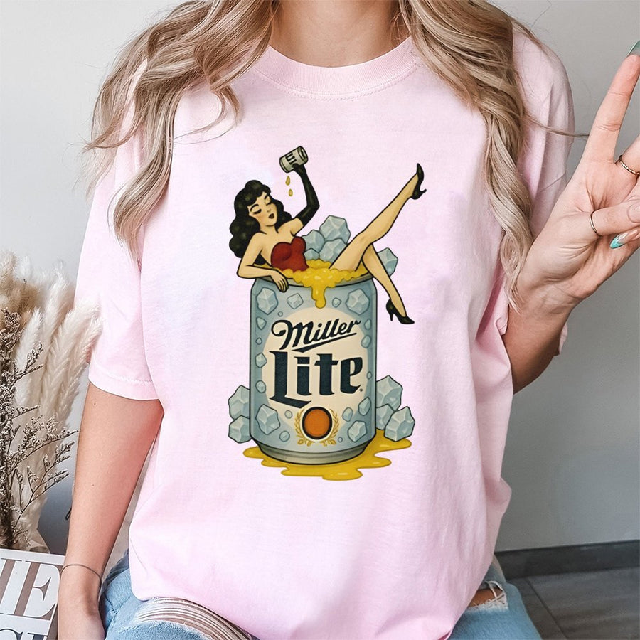 Miller Pin-Up Graphic T-Shirt, Unisex Retro Beer Logo T-Shirt, Vintage Style Artwork, Fun Beer Lover  T-Shirt
