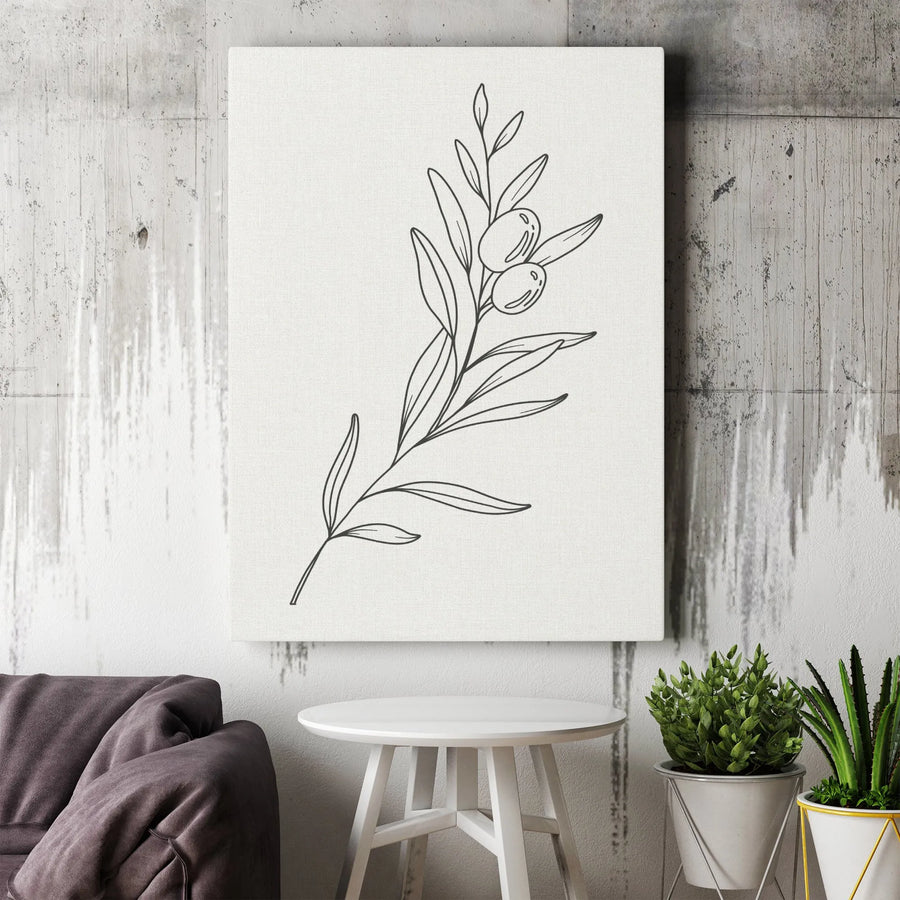 Minimalist Olive Branch Wall Art | Line Art Botanical Canvas Print | 1.25 Inch Gallery Wrap | Modern Home Decor for Living Room or Office