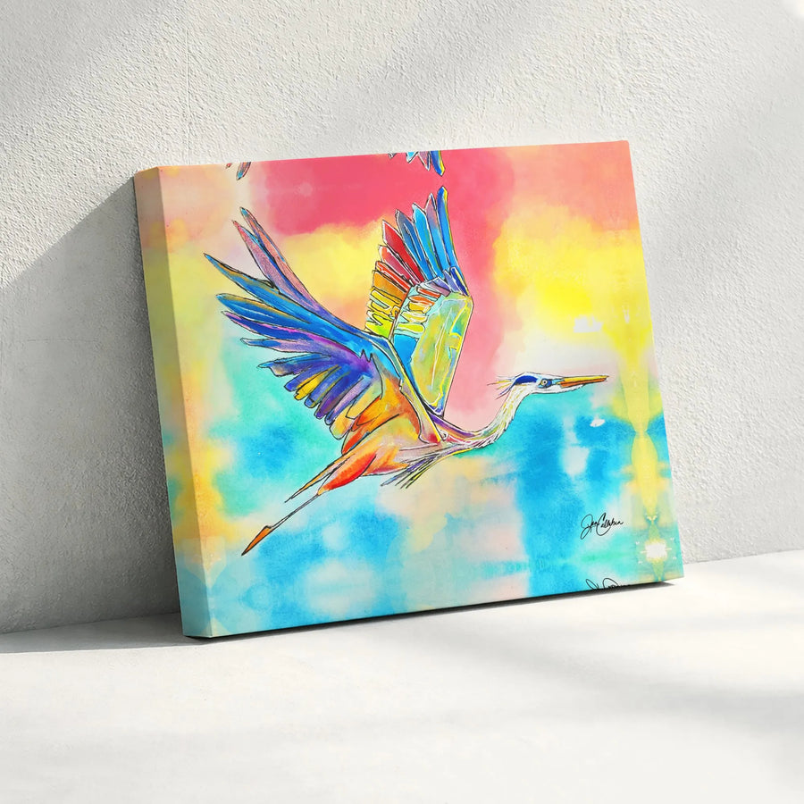 Colorful Heron Canvas Wall Art | Vibrant Watercolor Bird Painting | Premium Gallery Wrapped Canvas | Modern Coastal Home Decor Gift