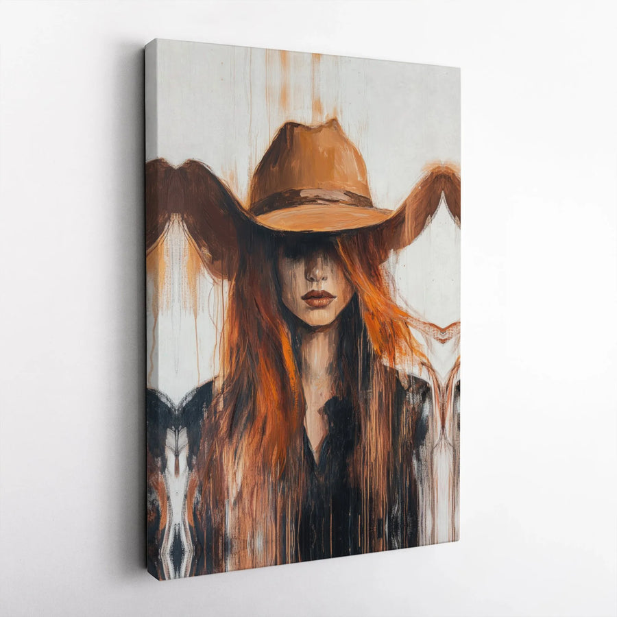Western Cowgirl Canvas Wall Art | Abstract Redhead Portrait Painting | Premium Gallery Wrapped Print | Southwestern Farmhouse Decor Gift
