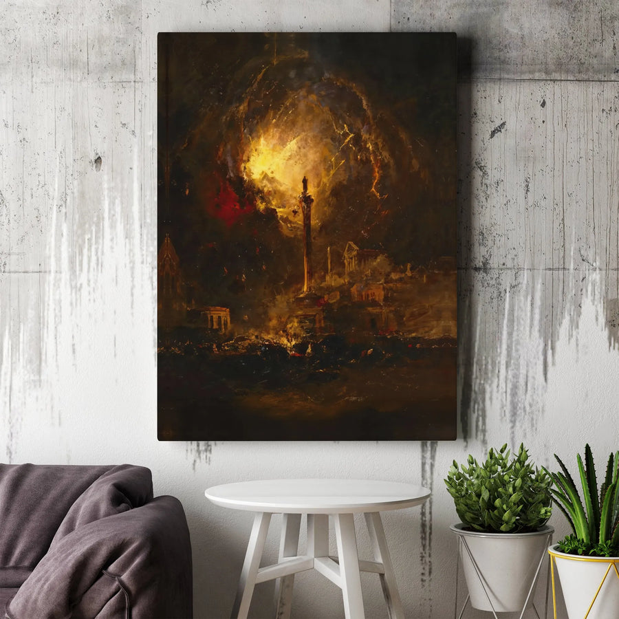Apocalyptic Ancient City Canvas Wall Art | Moody Dark Aesthetic Fire Painting | 1.25 Inch Gallery Wrap | Gothic Home Office Decor Gift