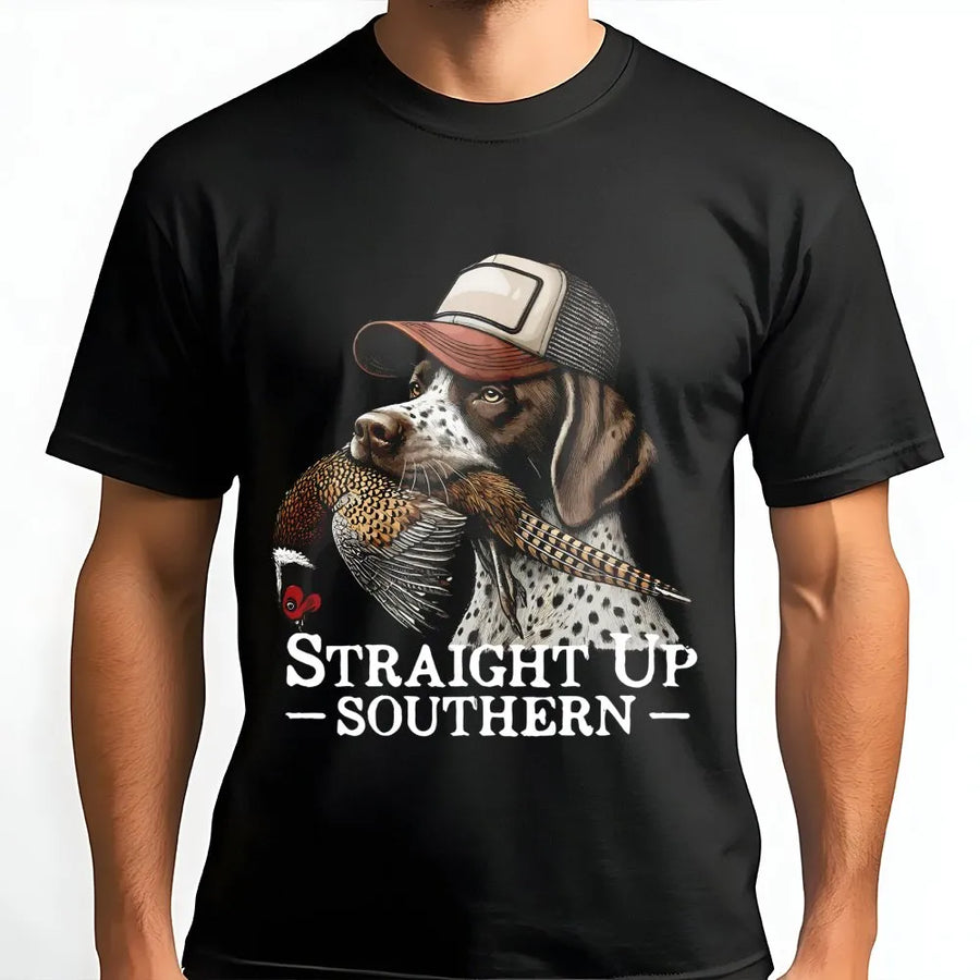 German Shorthaired Pointer T-Shirt | Hunting Dog Wearing Trucker Hat Graphic | Premium 100% Cotton Tee | Gift for Hunters and Bird Dog Lovers
