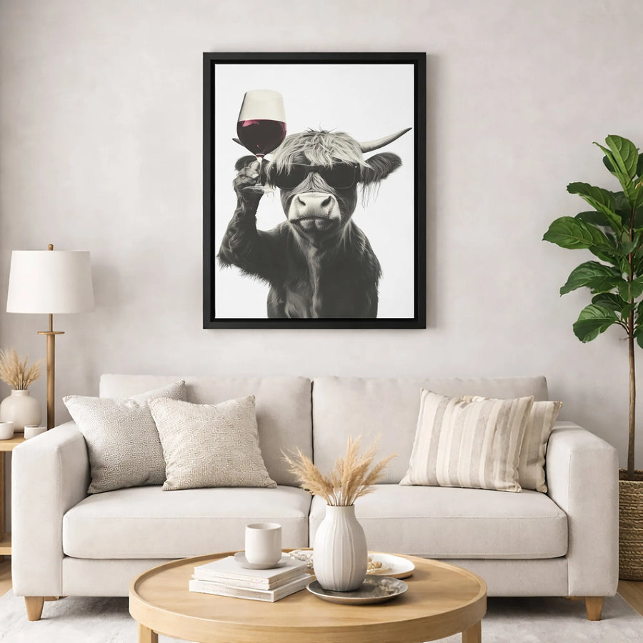 Highland Cow Wall Art | Funny Animal Drinking Wine with Sunglasses | Premium Canvas Print | Farmhouse Decor for Kitchen or Home Bar
