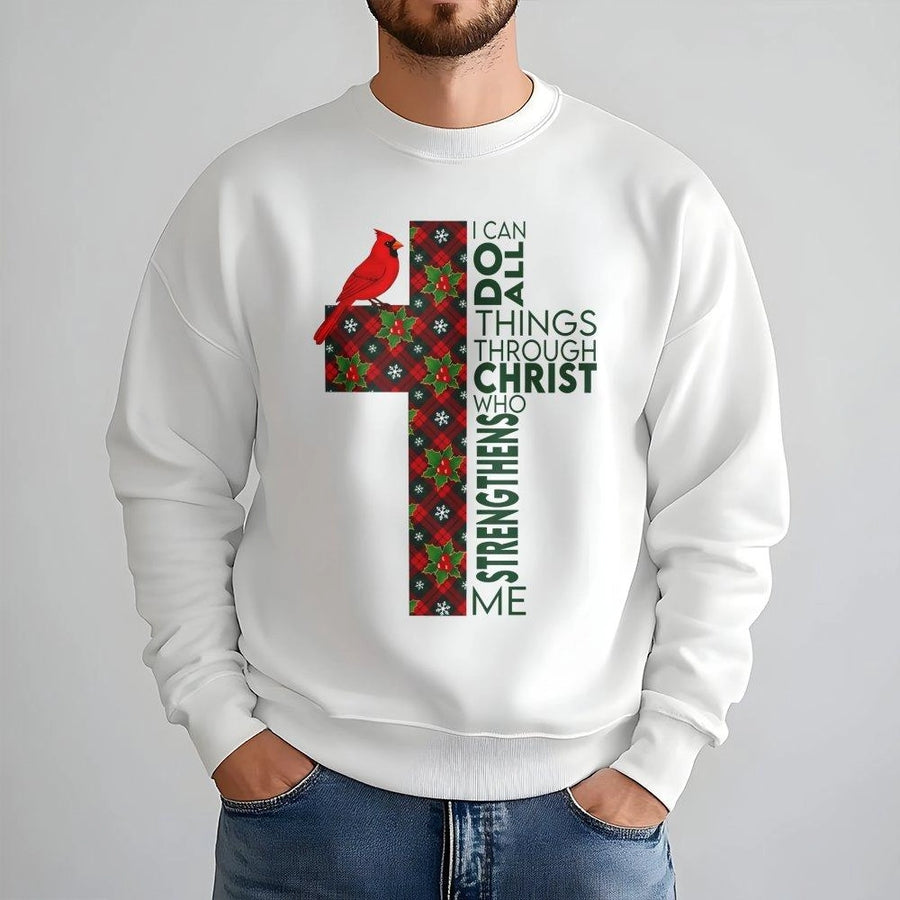 Christian Christmas Sweatshirt | I Can Do All Things Through Christ Cross | Soft Cotton Blend Unisex Pullover | Faithful Religious Holiday Gift