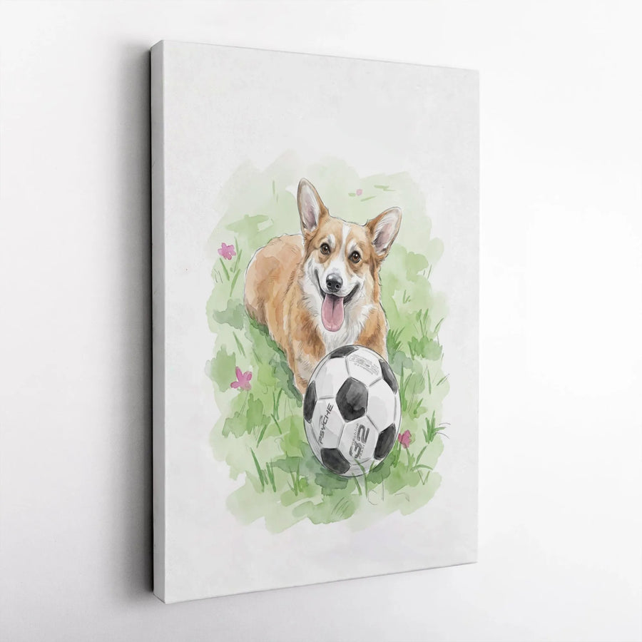 Corgi Soccer Ball Canvas Art | Watercolor Puppy Dog Sports Print | Premium Gallery Wrapped Wall Decor | Cute Pet Lover Gift Idea
