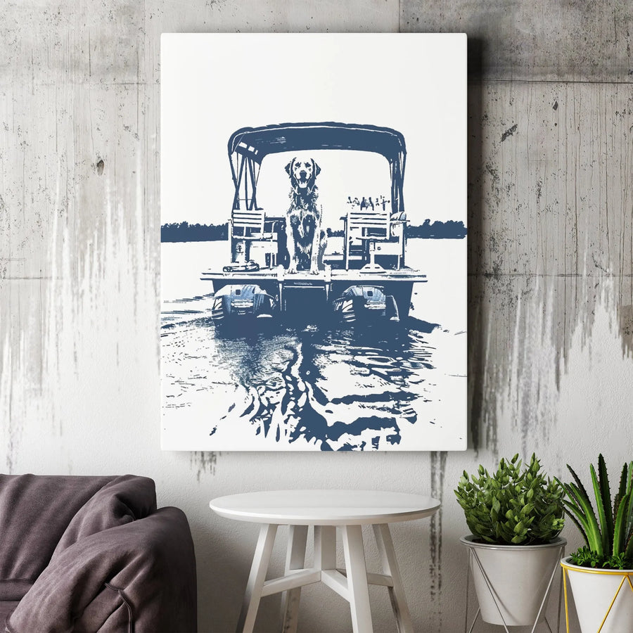 Dog On Pontoon Boat Canvas | Nautical Lake Life Wall Art | Premium Gallery Wrapped Print | Gift For Boat Owners And Dog Lovers