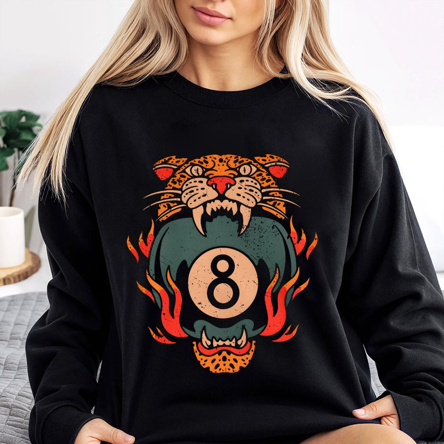 8 Ball Leopard Sweatshirt | Traditional Tattoo Flash Graphic | Premium Cotton Blend Crewneck | Grunge Streetwear Gift for Him and Her