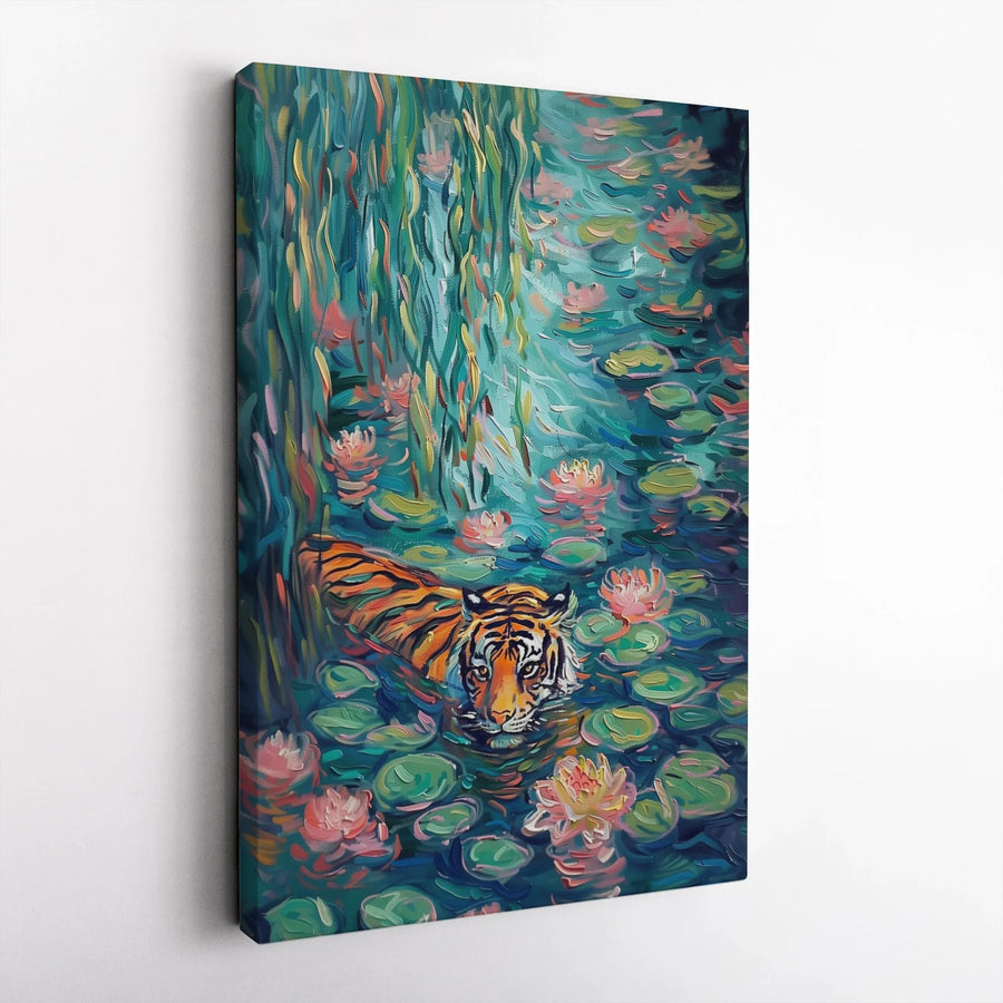 Tiger In Water Lily Pond Canvas Wall Art | Impressionist Wildlife Painting | Gallery-Wrapped Premium Print | Nature-Inspired Home Decor Gift