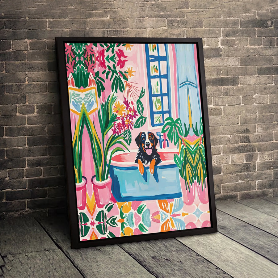 Bernese Mountain Dog Canvas Art | Colorful Floral Bathroom Portrait | Gallery Quality 1.25" Wrapped Print | Dog Lover Home Decor Gift