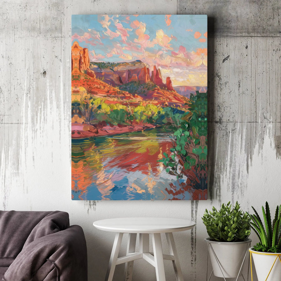 Sedona Red Rock Landscape Canvas | Impressionist Arizona River Wall Art | Gallery Quality Premium Print | Southwestern Home Decor Gift