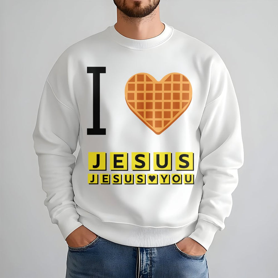 I Love Jesus Waffle Heart Sweatshirt | Faith Based Christian Graphic | Premium Cotton Blend | Religious Gift for Men and Women