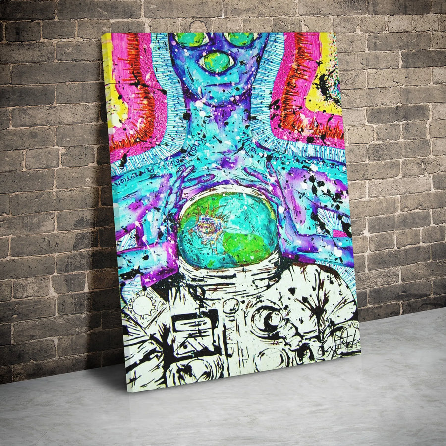Psychedelic Astronaut Alien Canvas Art | Surreal Space Galaxy Wall Decor | Gallery Wrapped Premium Print | Trippy Cosmic Gift for Science Fiction Fans