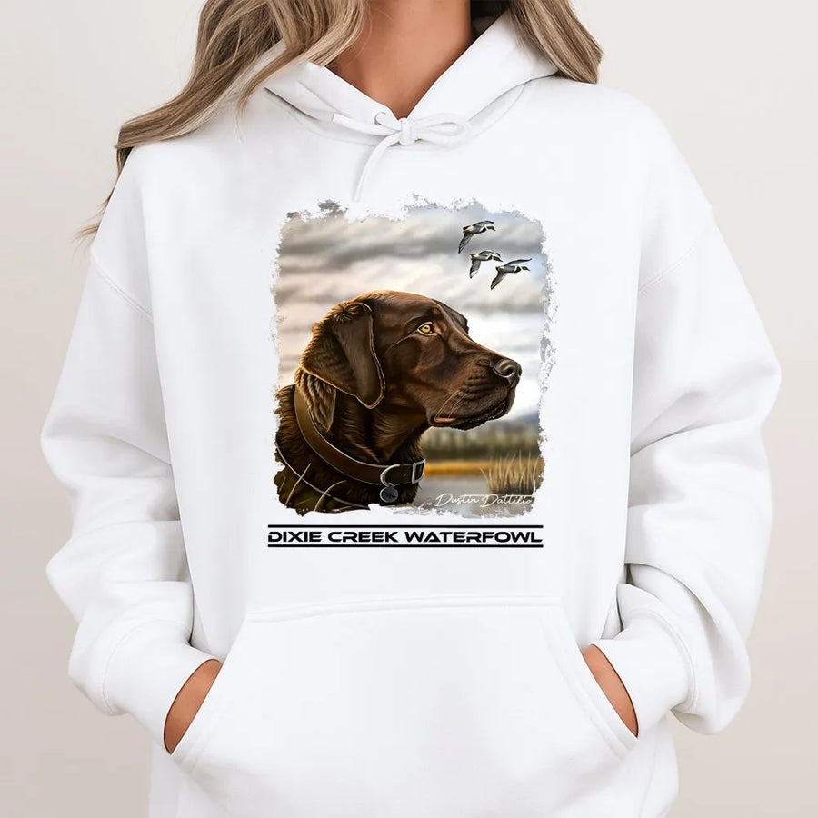 Chocolate Labrador Hoodie | Hunting Retriever Duck Dog Graphic | Premium Cotton Blend Pullover | Gift for Duck Hunters and Dog Lovers