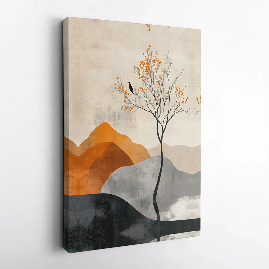 Minimalist Landscape Canvas Print | Abstract Autumn Tree & Raven Artwork | Premium Gallery Wrap Canvas | Modern Living Room Wall Decor
