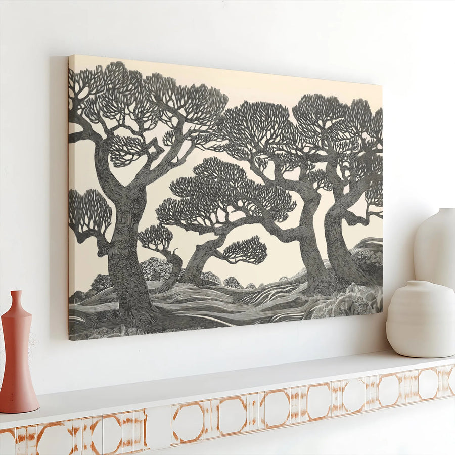 Gnarled Tree Landscape Canvas Wall Art | Woodcut Style Nature Print | Premium 1.25” Gallery Wrap | Modern Home Office Decor