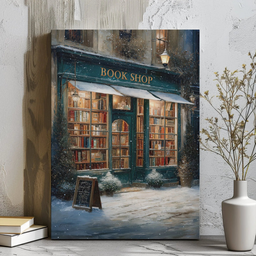 Cozy Book Shop Canvas Wall Art | Snowy Winter Street Scene Print | Premium Gallery Wrap Decor | Gift for Readers & Book Lovers