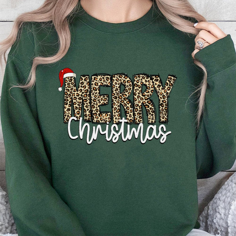 Merry Christmas Sweatshirt | Leopard Print Holiday Graphic | Cotton-Blend Premium Quality | Festive Xmas Gift for Women and Men