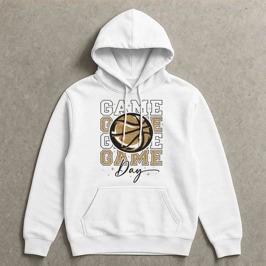 Game Day Basketball Hoodie | Glitter Gold Ball Graphic | Premium Cotton Blend | Basketball Mom Gift For Sports Fan