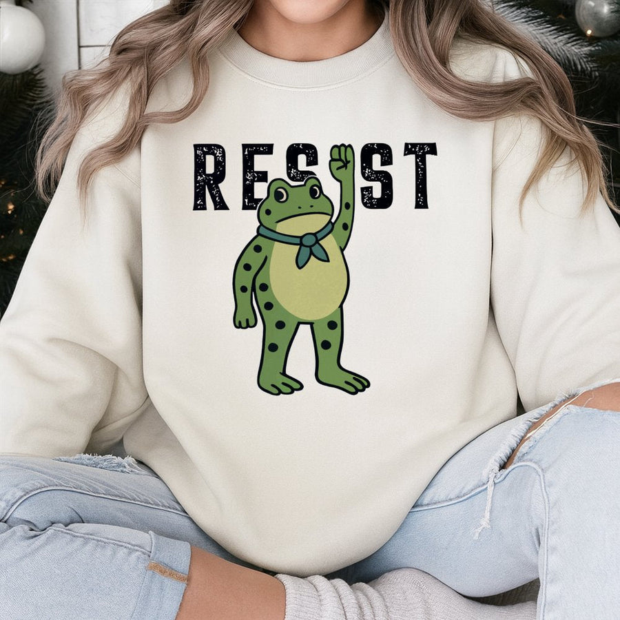 Resist Frog Sweatshirt | Cute Graphic Protest Art | Soft Cotton Blend Unisex Pullover | Activist Gift for Animal Lovers