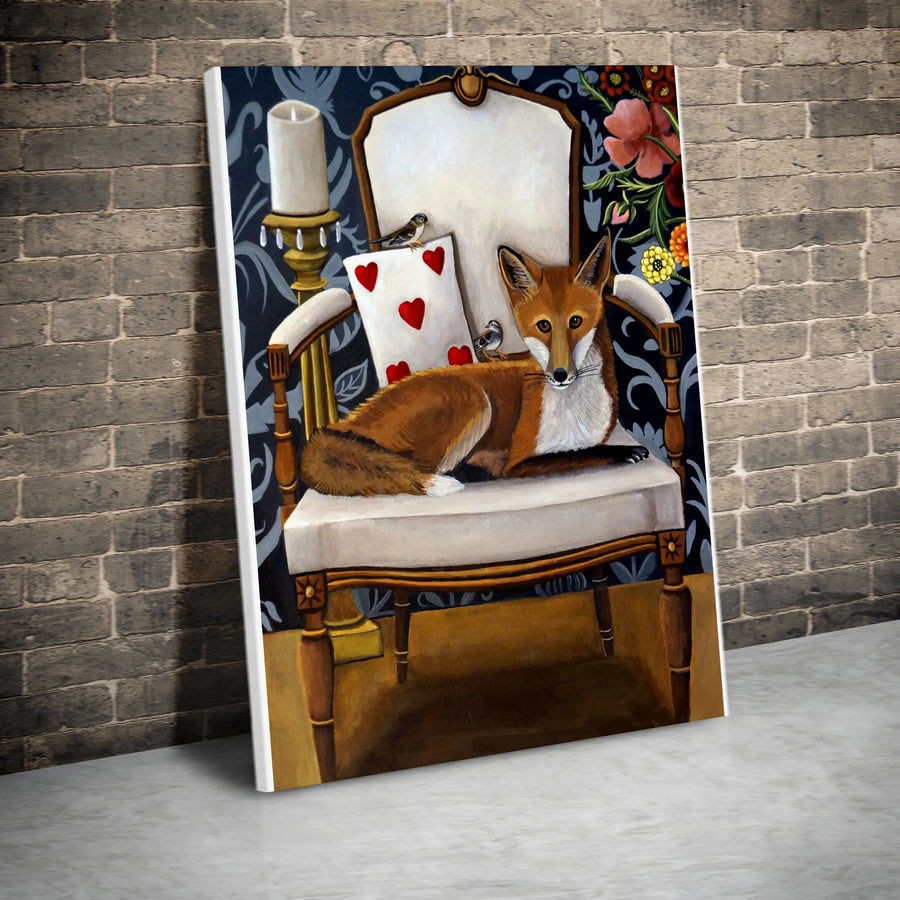 Vintage Fox Canvas Print | Whimsical Fox and Sparrow Painting on Armchair | Premium 1.25" Thick Canvas | Collector's Gift for Animal Lovers