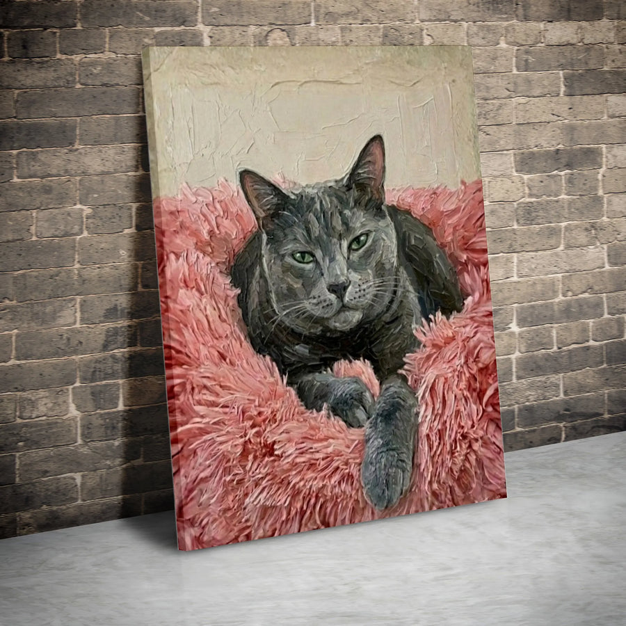 Russian Blue Cat Canvas Wall Art | Oil Painting Style Pet Portrait | Premium Gallery Wrapped Print | Gift for Cat Lover Home Decor