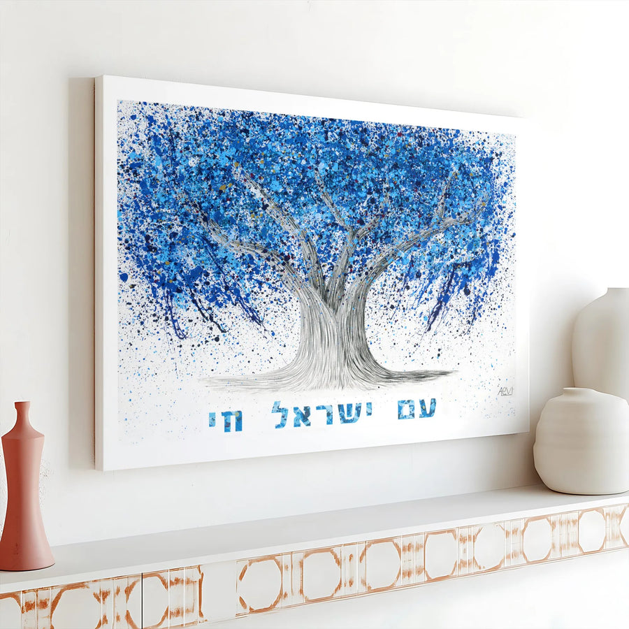 Am Yisrael Chai Canvas Print | Abstract Blue Splatter Tree Of Life | Premium Gallery Wrapped Wall Art | Meaningful Jewish Home Decor Gift