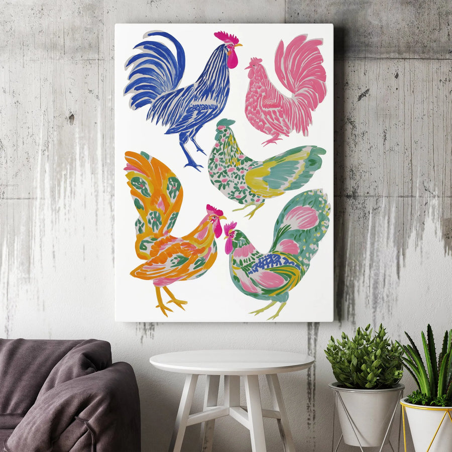 Colorful Rooster Wall Art | Modern Farmhouse Poultry Illustration | Premium Gallery Wrapped Canvas | Farm Kitchen Decor Print