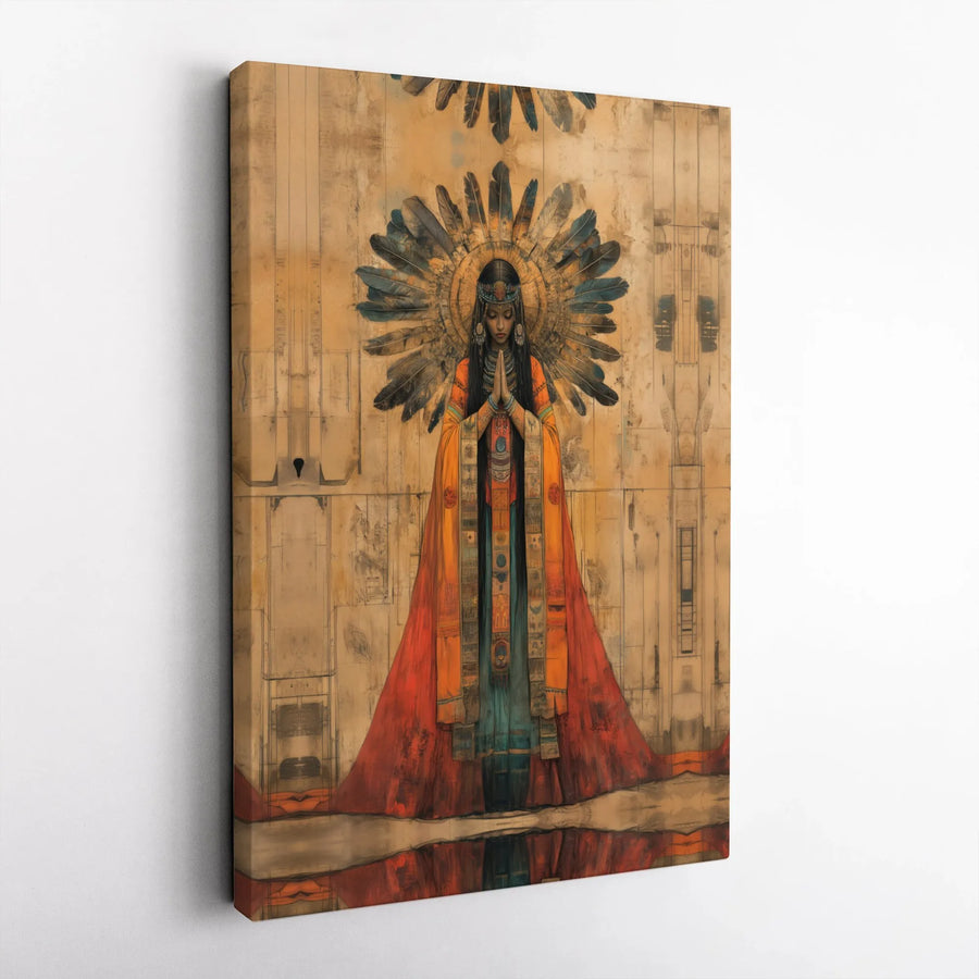 Native American Inspired Wall Art | Praying Woman Feathered Halo Canvas | Premium Gallery Wrap Print | Spiritual Home Decor Gift