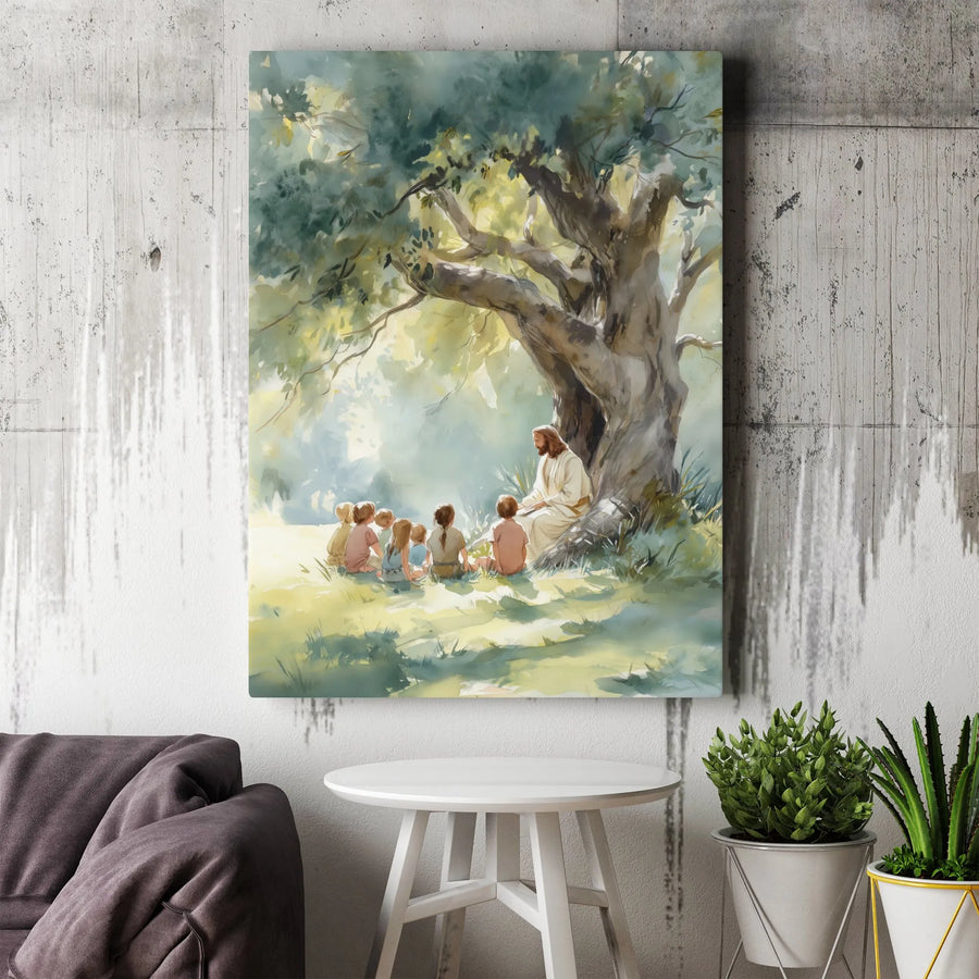 Jesus Teaching Children Canvas | Watercolor Religious Wall Art | Premium Gallery Wrap Print | Christian Nursery or Home Decor Gift