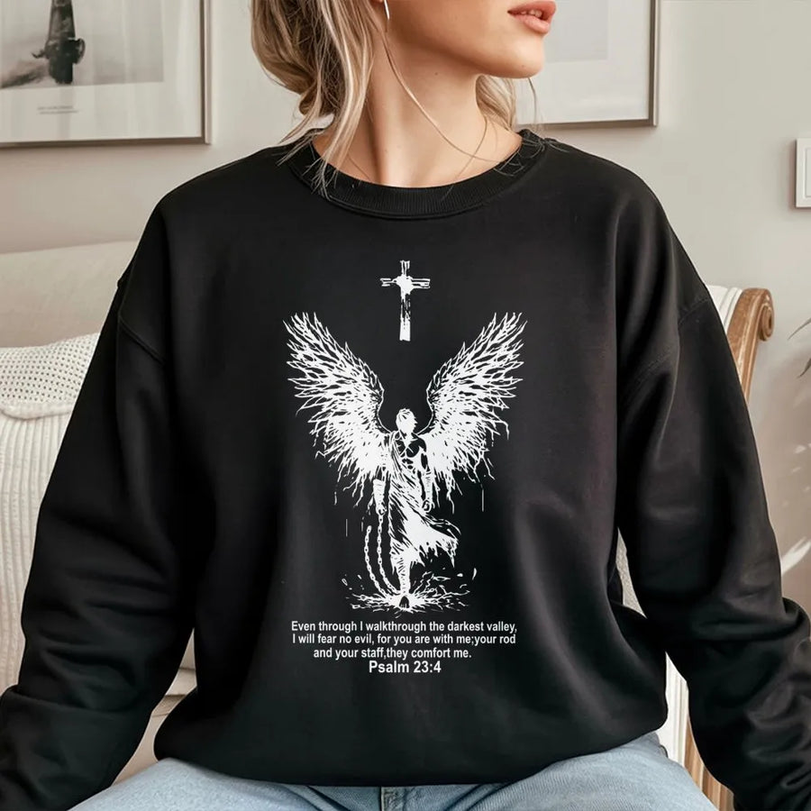 Psalm 23:4 Christian Sweatshirt | Darkest Valley Angel Wings Graphic | Premium Cotton Blend | Faith-Based Religious Gift for Men and Women
