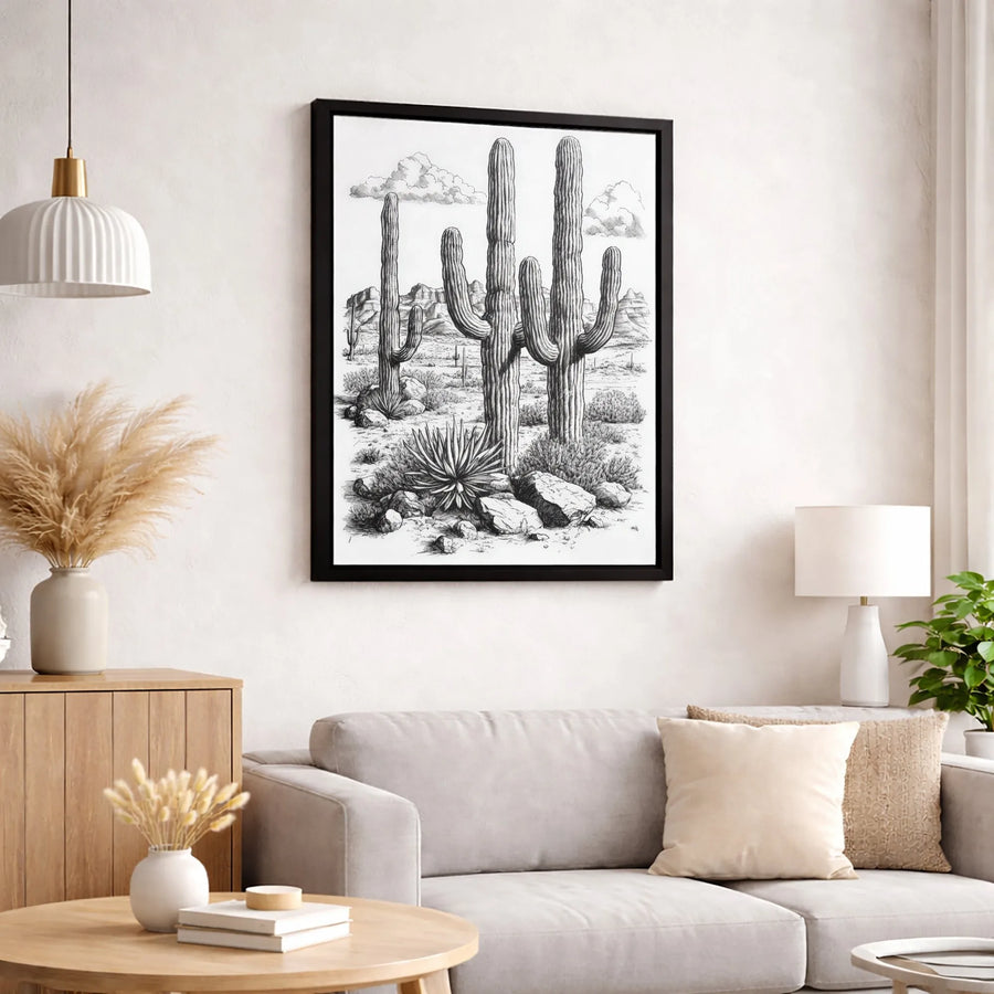 Saguaro Cactus Desert Landscape Wall Art | Black and White Sketch Canvas Print | Premium Gallery Wrap Decor | Southwestern Modern Home Gift